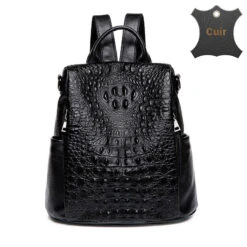 Kroco Sac à Dos Femme Antivol Cuir -Looqita sac a dos femme antivol Kroco cuir noir logo